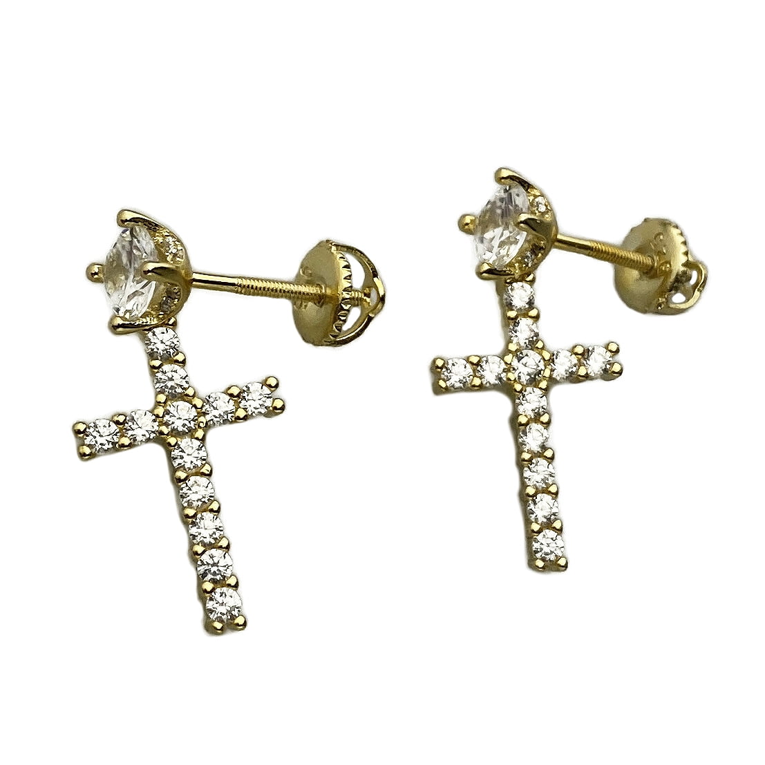 14k Gold Plated over Real Solid 925 Sterling Silver Dangle Cross Bling Studs Iced Hip Hop Screw Back Earrings