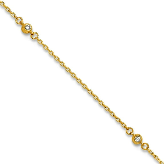 14k Gold Polished Cubic Zirconia 5 Station With 1 In Ext. Anklet 9 Inch 0.75mm Wide Anklet for Women