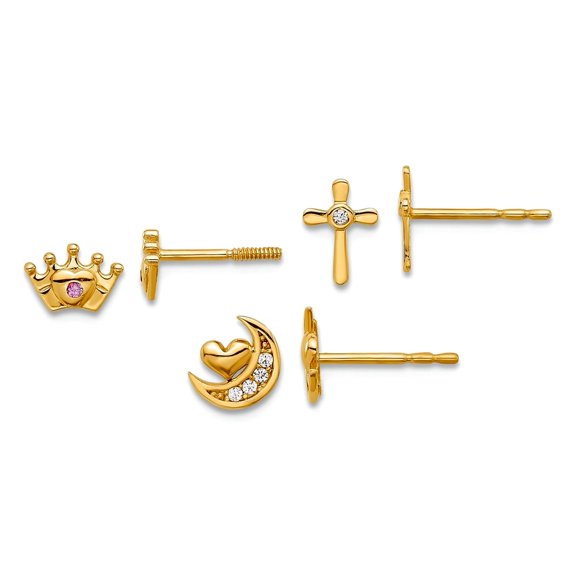 14k Solid Yellow Gold Polished Cubic Zirconia Celestial Moon Religious Faith Cross and Crown Post Earrings Set Stud Earr