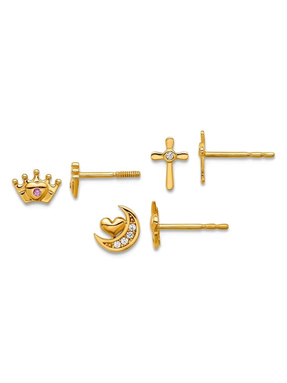 14k Solid Yellow Gold Polished Cubic Zirconia Celestial Moon Religious Faith Cross and Crown Post Earrings Set Stud Earr