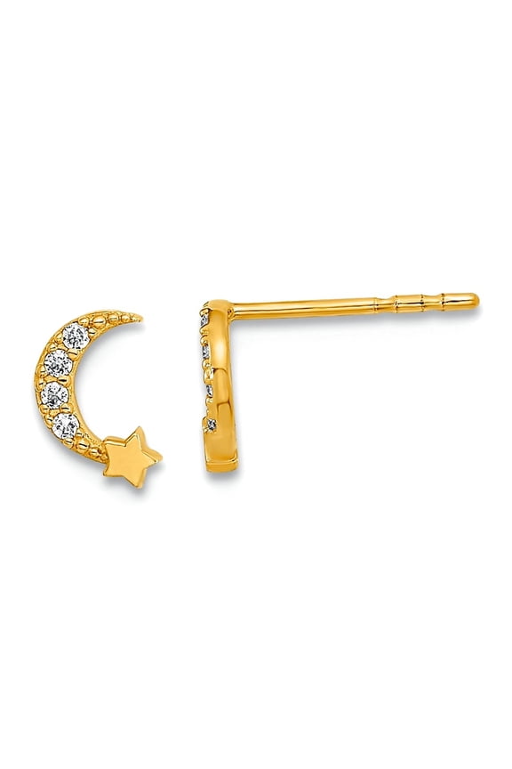 14k Gold Polished Celestial Moon and Star Cubic Zirconia Post Earrings 6.6x4.2mm Wide Stud Earring for Women
