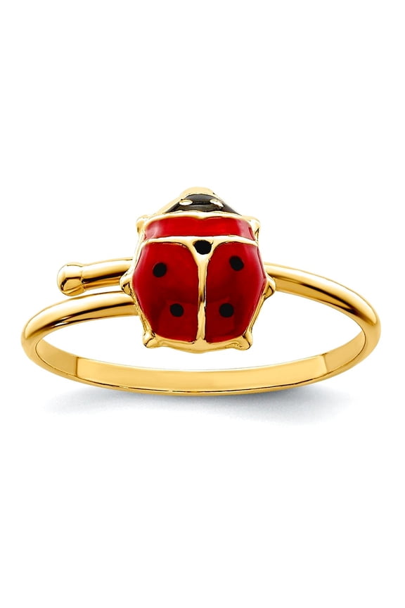 14k Gold Polished Enameled Ladybug Adjustable Ring Ring for Women - .6 Grams