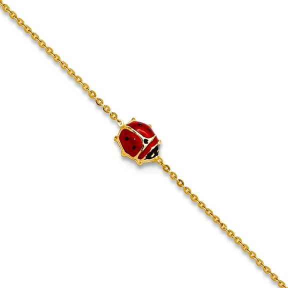 14k Gold Polished Enameled Ladybug With .75in Ext. Bracelet 6.5 Inch Link Bracelet for Women