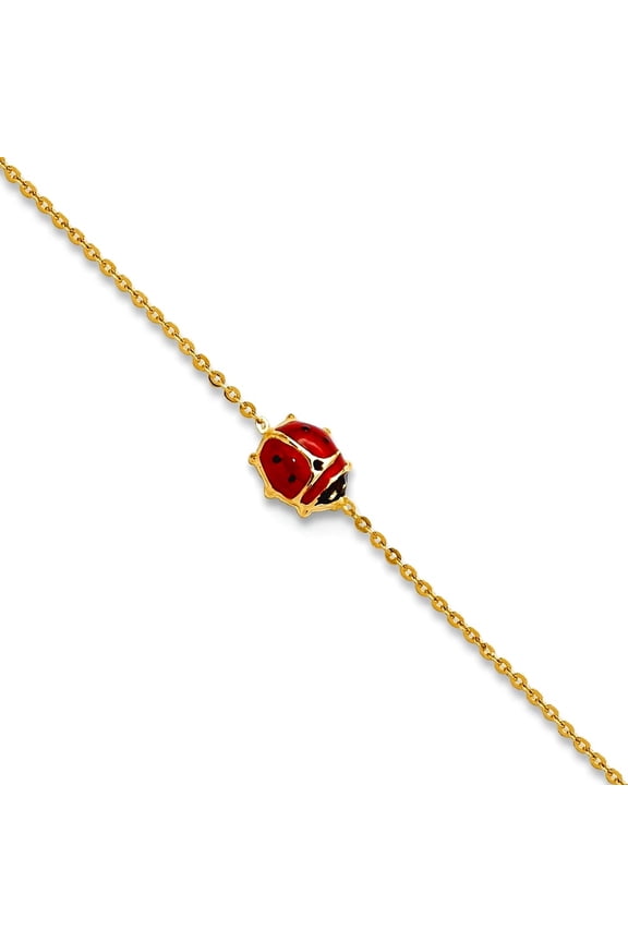 14k Gold Polished Enameled Ladybug With .75in Ext. Bracelet 6.5 Inch Link Bracelet for Women