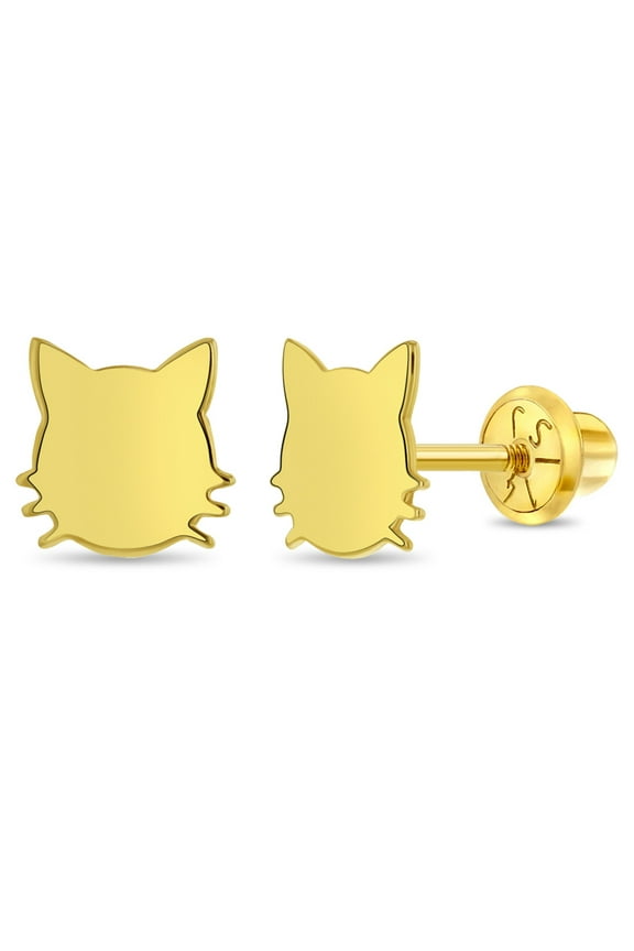14k Gold Polished Kitty Kids / Children's / Girls Earrings Safety Screw Back