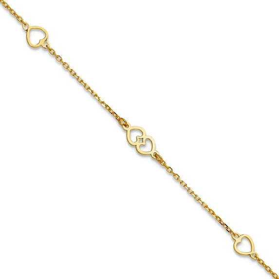 14k Gold Polished Love Hearts Plus 1 In Ext. Anklet 9 Inch 1mm Wide Anklet for Women - 1.3 Grams