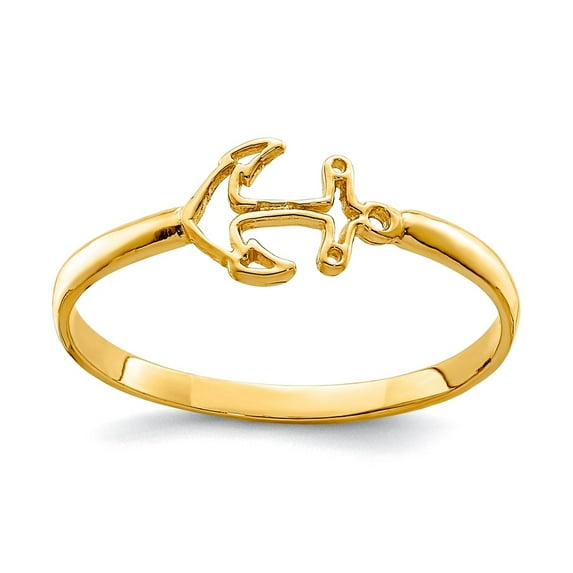 14k Solid Yellow Gold Polished Nautical Ship Mariner Anchor Ring Size 7 Ring for Women - .8 Grams