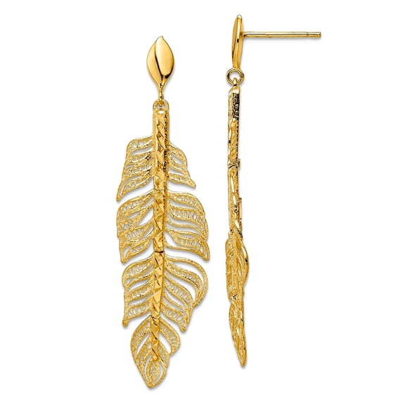 14k Gold Polished Sparkle-Cut Textured Leaf Post Long Drop Dangle Earrings 49x13mm Wide Dangle Earring for Women