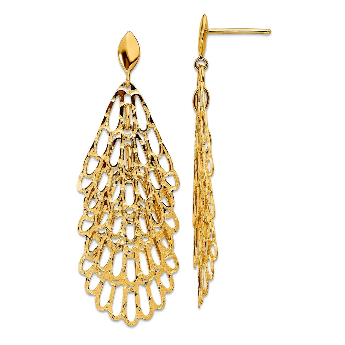 14k Gold Polished and Textured Post Long Drop Dangle Earrings 51.4x18.05mm Wide Dangle Earring for Women