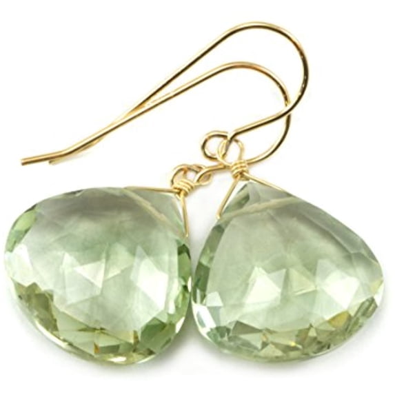 14k Gold Prasiolite Earrings Green Faceted Large Heart Teardrop Briolettes for Adult Women