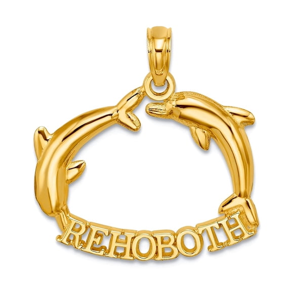 14k Gold Rehoboth With Jumping Dolphins High Polish and 2-d Charm 22.75x21mm Wide 1.15mm Thick Pendant Necklace for Wome