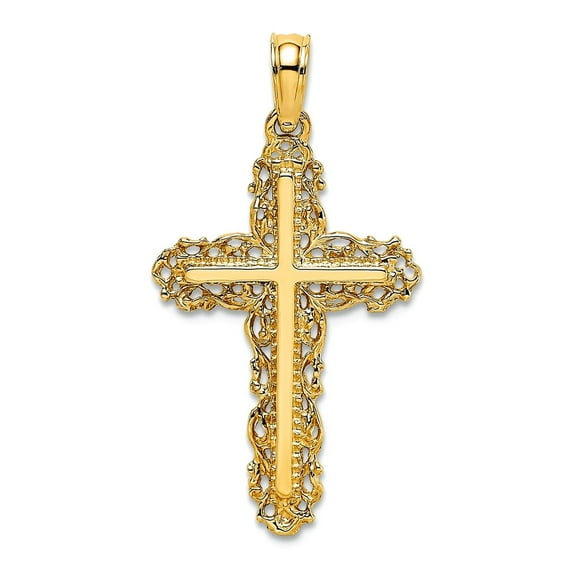 14k Gold Religious Faith Cross With Filigree Lace Trim 21.3mm long Pendant Necklace for Women