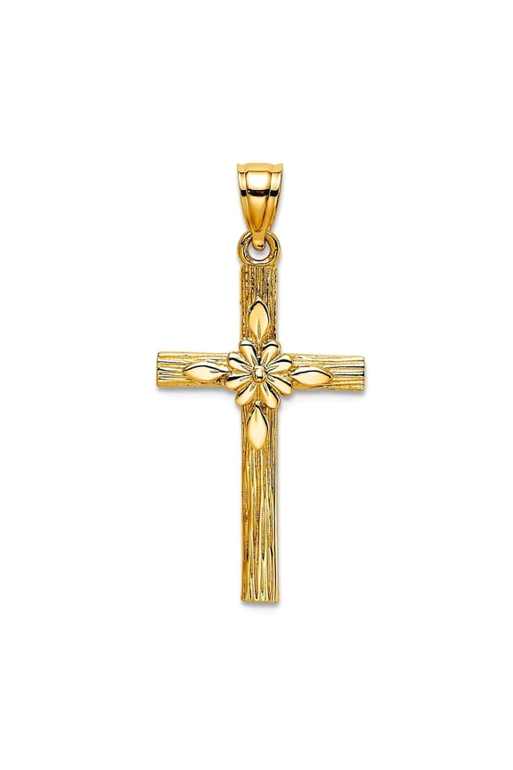14k Gold Religious Faith Cross With Flower Center 22.5x14mm Wide Pendant Necklace for Women