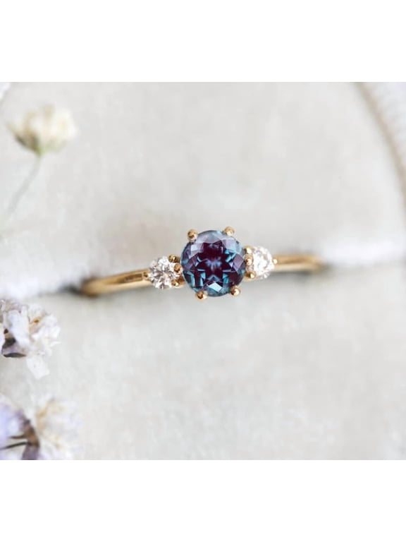14k Gold Ring Natural Alexandrite Engagement Ring Setting With Moonstone Astrological June Birthstone Ring Three Stone Ring For Women