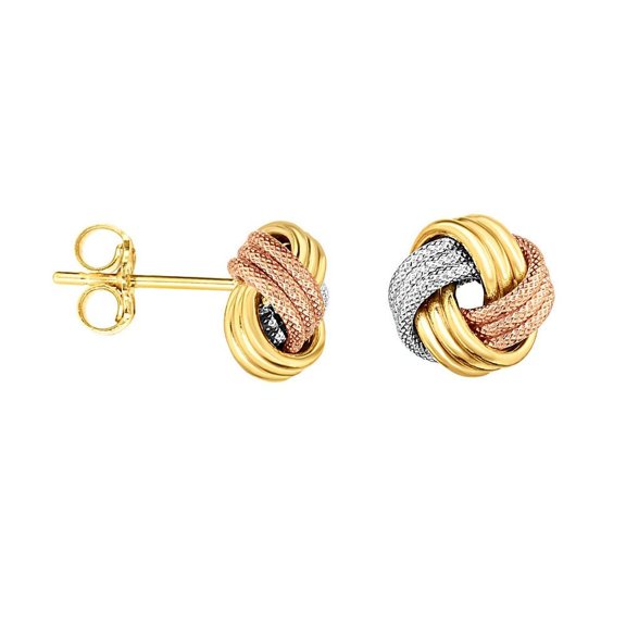 14k Gold Rose Yellow White Finish Shiny Textured Fancy Post Love Knot Earrings With Push Back Clasp
