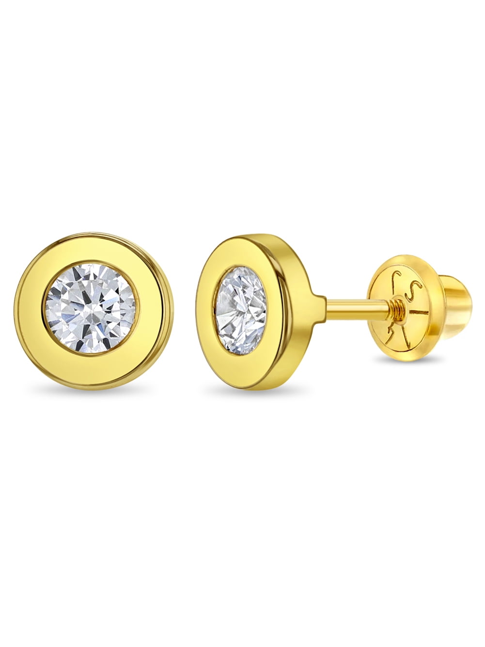 14k Gold Round Bezel 4mm Kids / Children's / Girls Earrings Safety Screw Back