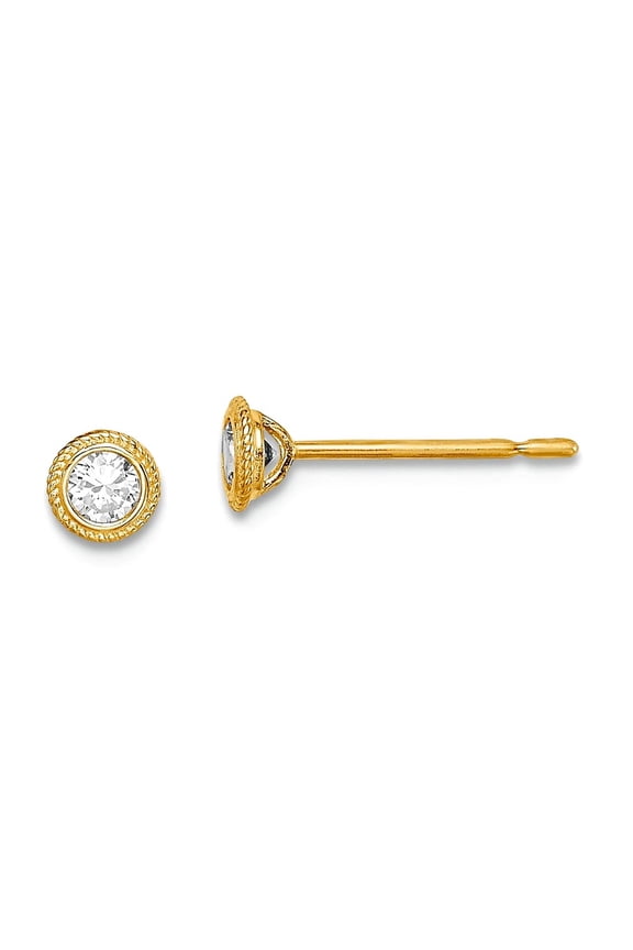 14k Solid Yellow Gold Round Cubic Zirconia Milgrain Bezel Post Earrings 4mm long Stud Earring for Women
