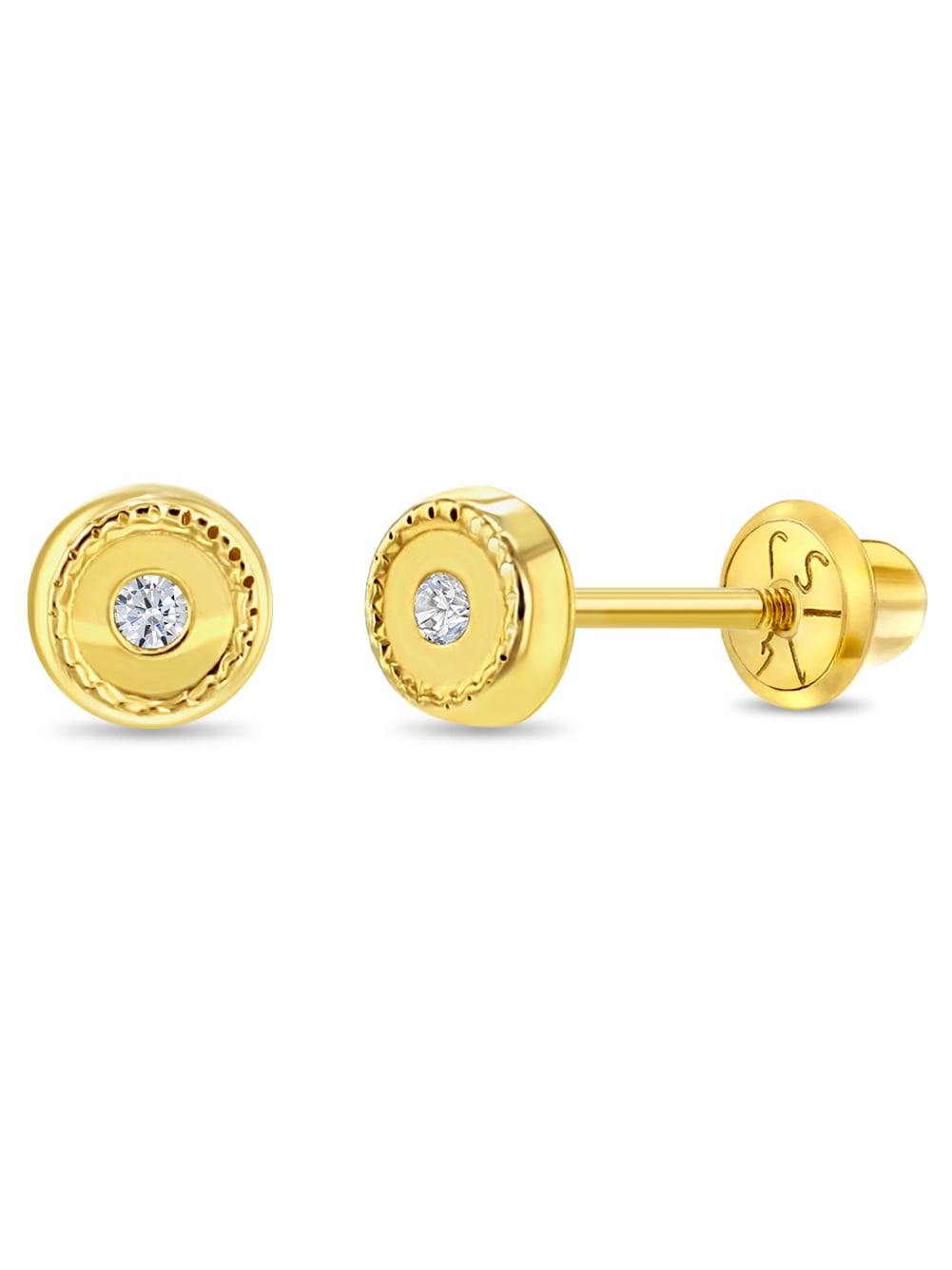 14k Gold Round Clear CZ Baby / Toddler / Kids Earrings Safety Screw Back