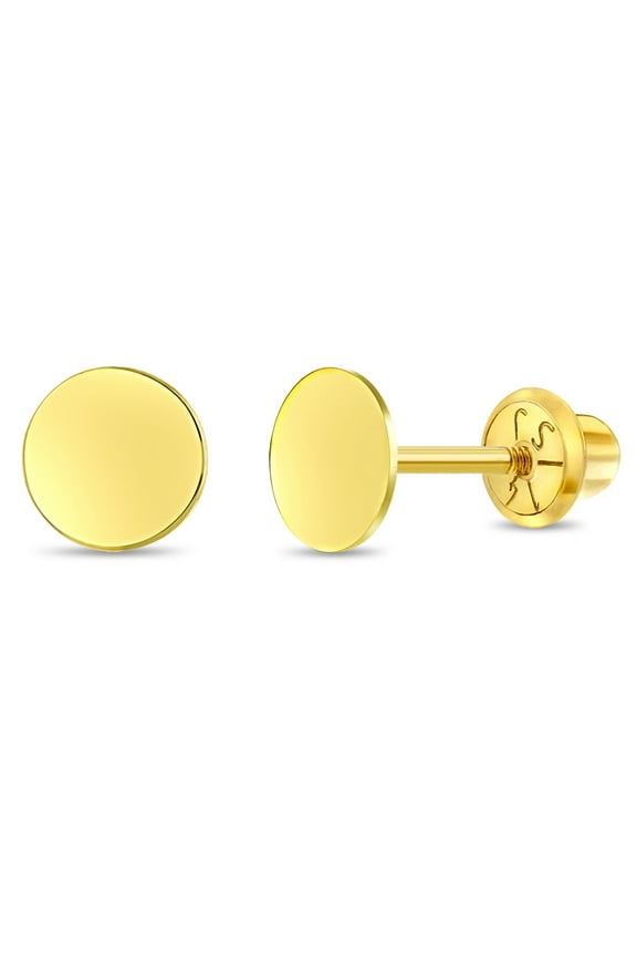 14k Gold Round Engravable Toddler / Kids / Girls Earrings Safety Screw Back