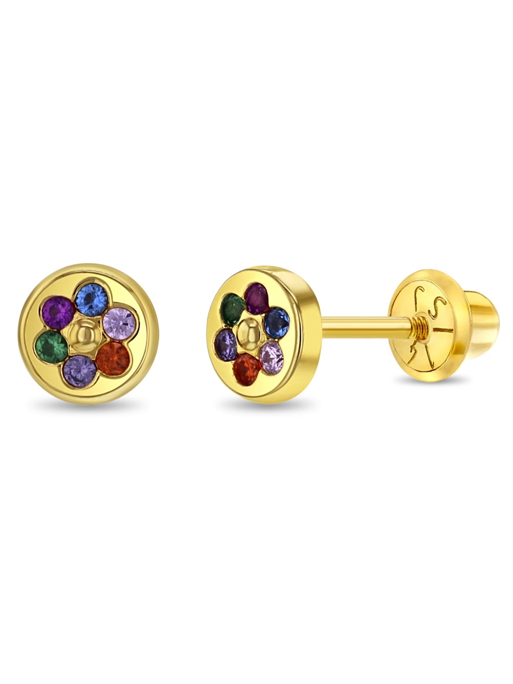 14k Gold Round Multicolored Flower Toddler / Girls Earrings Safety Screw Back
