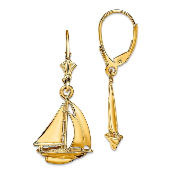 14k Gold Sailboat Leverback Earrings High Polish 33.5mm long Stud Earring for Women - 3.7 Grams