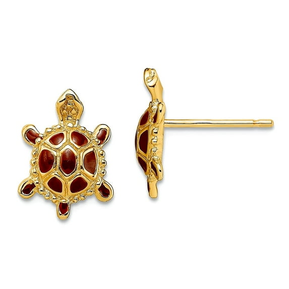 14k Gold Sea Turtle With Spiny Brown Enamel Shell Earrings 12.25x9mm Wide Stud Earring for Women