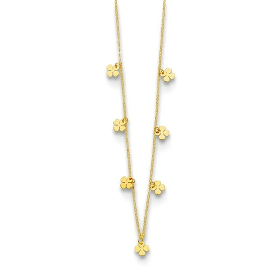 14k Solid Yellow Gold Seven Dangle 4 Leaf Clovers With 2 In Extension Necklace 16 Inch 9mm Wide Pendant Necklace for Wom
