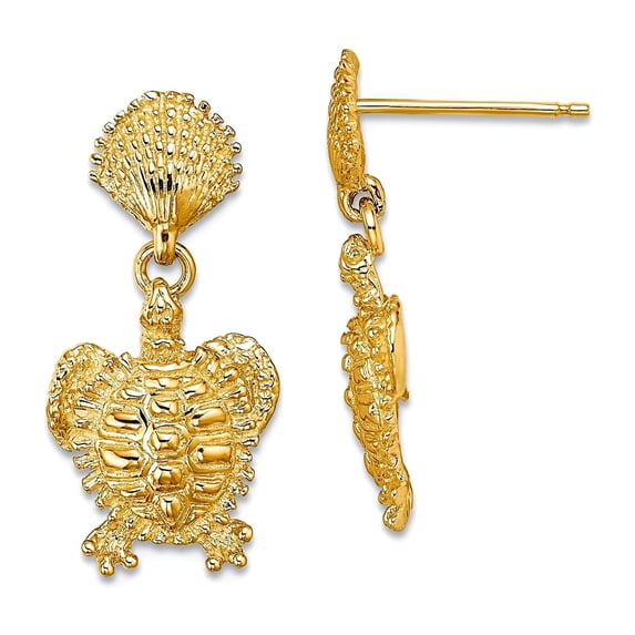 14k Gold Shell and Sea Turtle Long Drop Dangle Earrings 22.85x11.03mm Wide Dangle Earring for Women