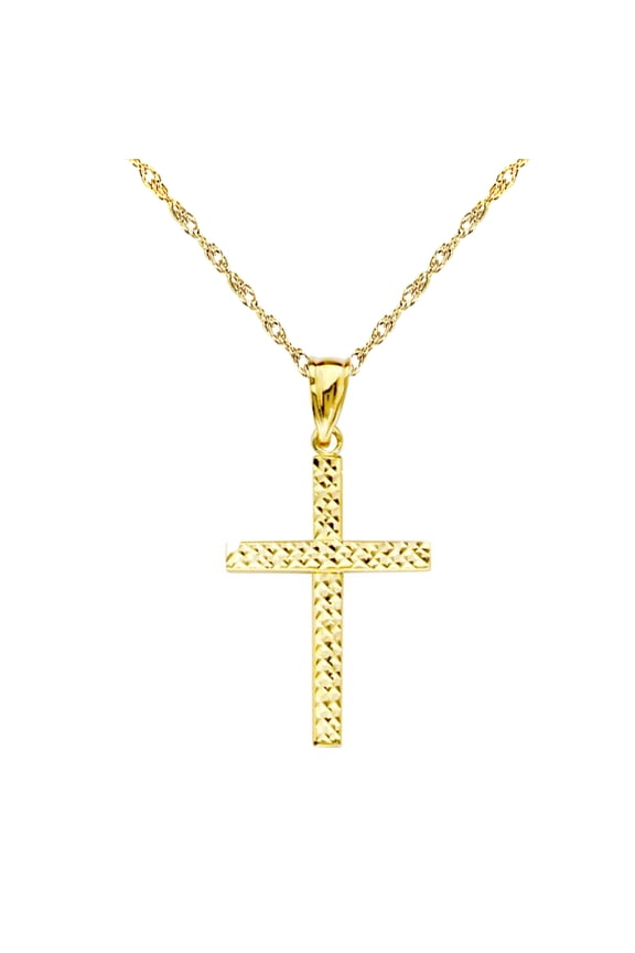 14k Gold Shiny Tubular Two-sided Reversible Cross Charm Pendant Necklace (16, 18, or 20 Inches)