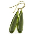 thumbnail image 1 of 14k Gold Simulated Dark Green Peridot Earrings Long Narrow Faceted Teardrops Simple Drops 2 Inch Designed for Adult Women, 1 of 5