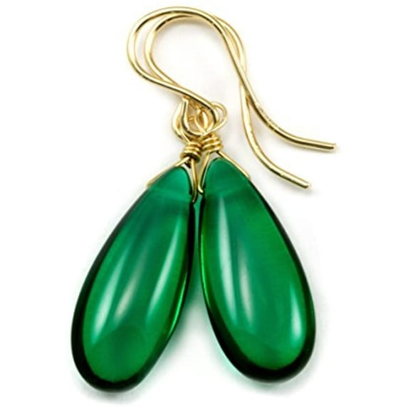 14k Gold Simulated Emerald Earrings Green Smooth Long Teardrops Briolettes Designed for Adult Women