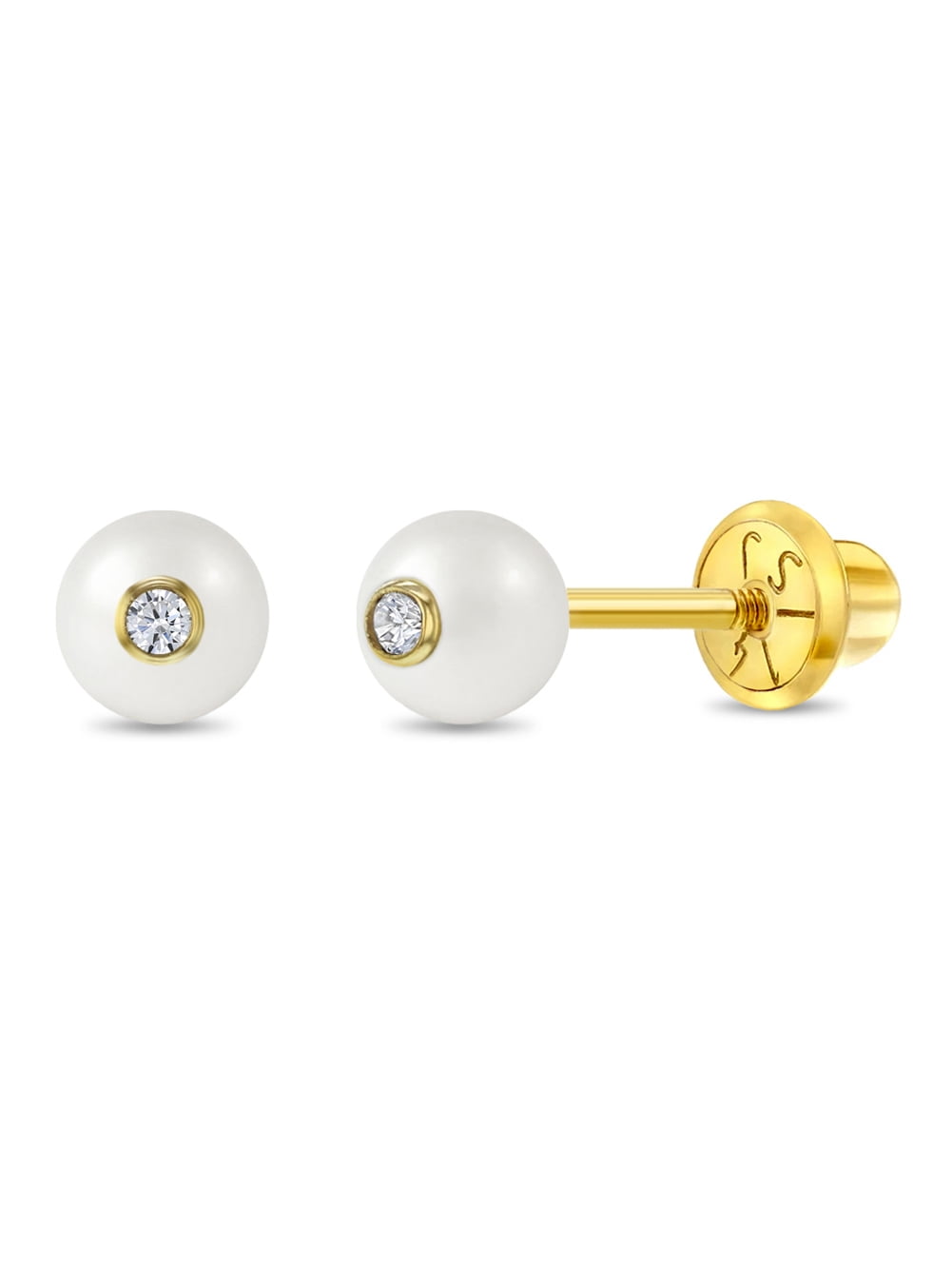 14k Gold Simulated Pearl Clear CZ Baby / Toddler Earrings Safety Screw Back