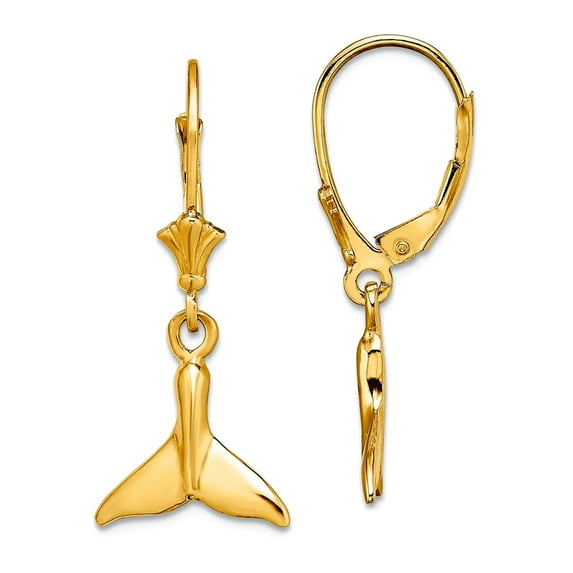 14k Gold Small Whale Tail Leverback Earrings 28.65x12.3mm Wide Stud Earring for Women - 2.2 Grams