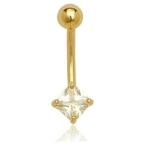 14k Gold Square CZ Curved Barbell Belly Button Navel Ring Dangle Piercing (6mm X 18mm) (Yellow Gold) Body-Piercing-Ring