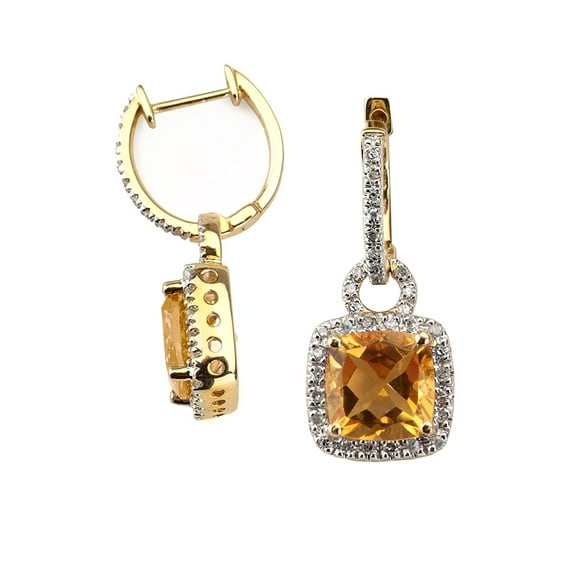 14k Gold Square Diamond Earring with Citrine Stone With .35 Cttw Diamonds H-I Color SI2-I1 Clarity