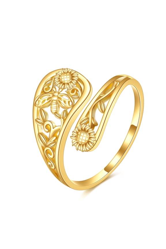 14k Gold Sunflower Bee Adjuatable Spoon Ring Open Ring Vintage Jewelry Gifts Birthday for Women Her