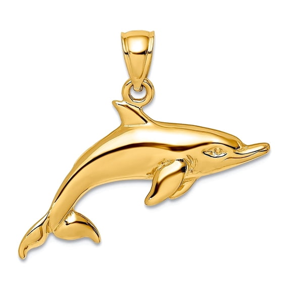 14k Gold Swimming Dolphin High Polish and 2-d Charm Pendant Necklace for Women - 2.5 Grams