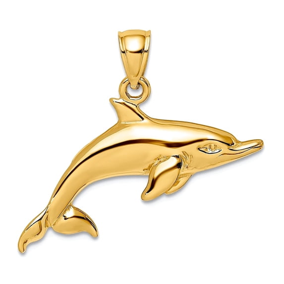 14k Gold Swimming Dolphin High Polish and 2-d Charm Pendant Necklace for Women - 2.5 Grams