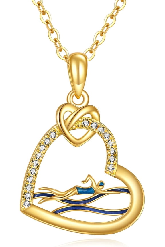 14k Gold Swimming Necklace Solid Gold Heart Swimmer Necklace Just Keep Swimming Jewelry Gift for Women