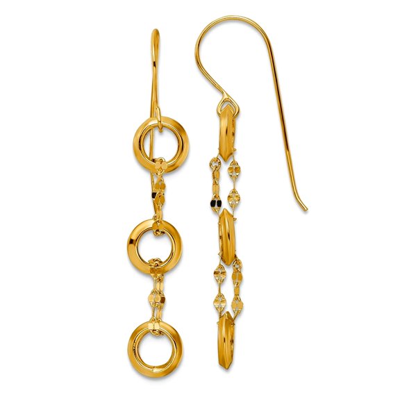 14k Gold Three Circle Long Drop Dangle Earrings 39.25x6.55mm Wide Dangle Earring for Women
