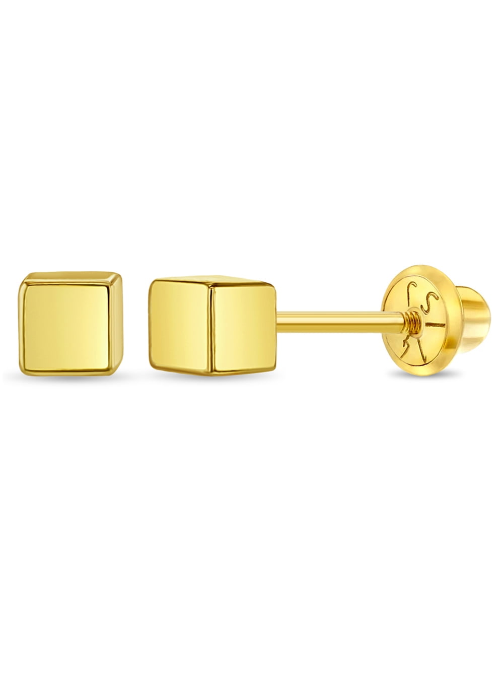14k Gold Tiny Cubed Baby / Toddler / Kids Earrings Safety Screw Back