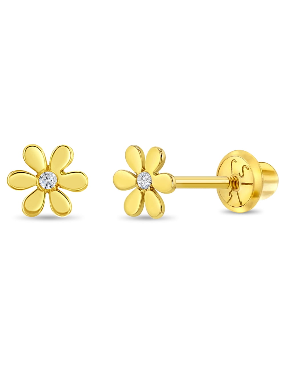 14k Gold Tiny Flower Clear CZ Baby / Toddler / Kids Earrings Safety Screw Back