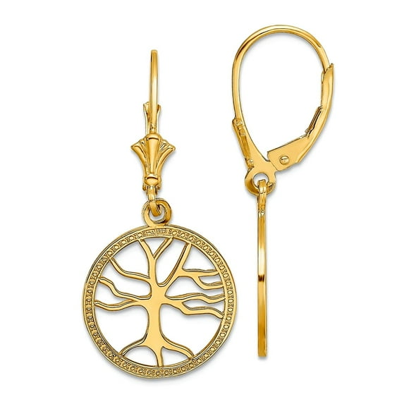 14k Gold Tree Of Life In Round Frame Leverback Earrings Cut-out(2of 32.5x15mm Wide Stud Earring for Women