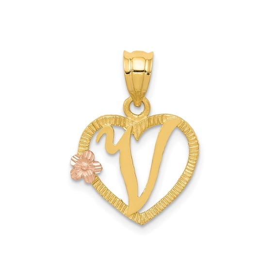 14k Gold Two-Tone Virgo Heart Pendant Necklace with Rose Gold Flower, Zodiac Sign Jewelry for Women, Astrological Symbol Accessory, Feminine Scripted Design