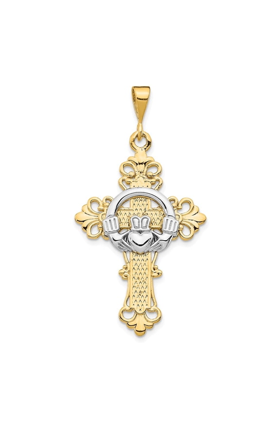 14k Gold Two-tone Claddagh Cross Pendant Charm