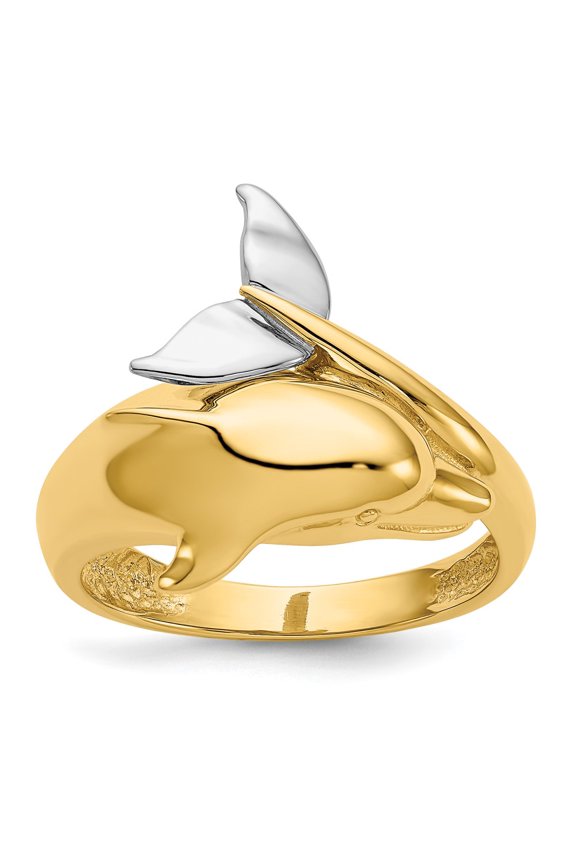 14k Gold Two-tone Ring Themed Polished Dolphin