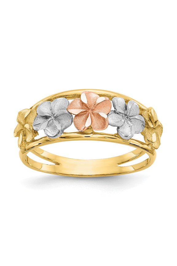 14k Gold Two-tone Ring Themed & Rhodium Satin/Polished D/C Flower