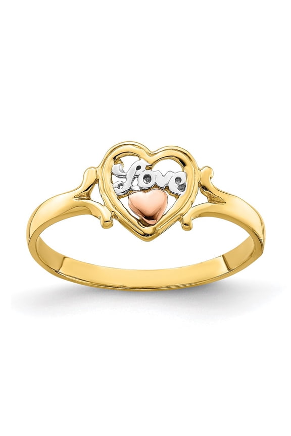 14k Gold Two-tone Ring Themed Yellow and Rose w/Rhodium Love Heart