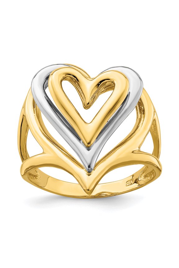 14k Gold Two-tone Textured Back Triple Stacked Heart Band Ring