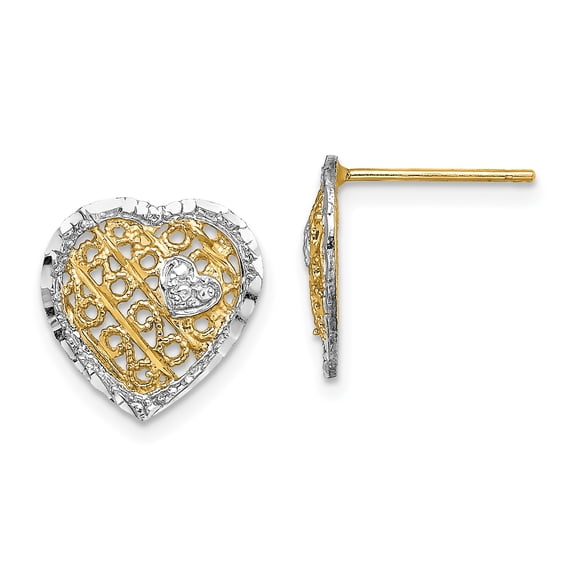 14k Gold Two-tone with  RH Filigree Heart Post Earrings